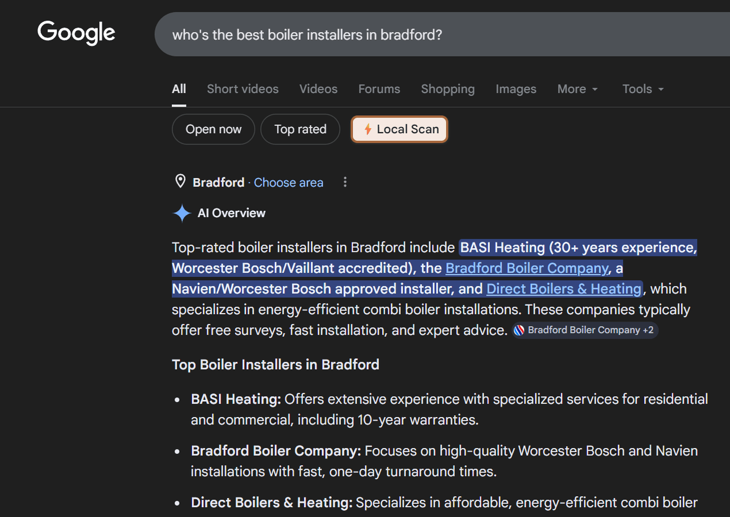 Google's AI Overview for "who's the best boiler installers in bradford?", with Direct Boilers and Heating named among the top-rated installers