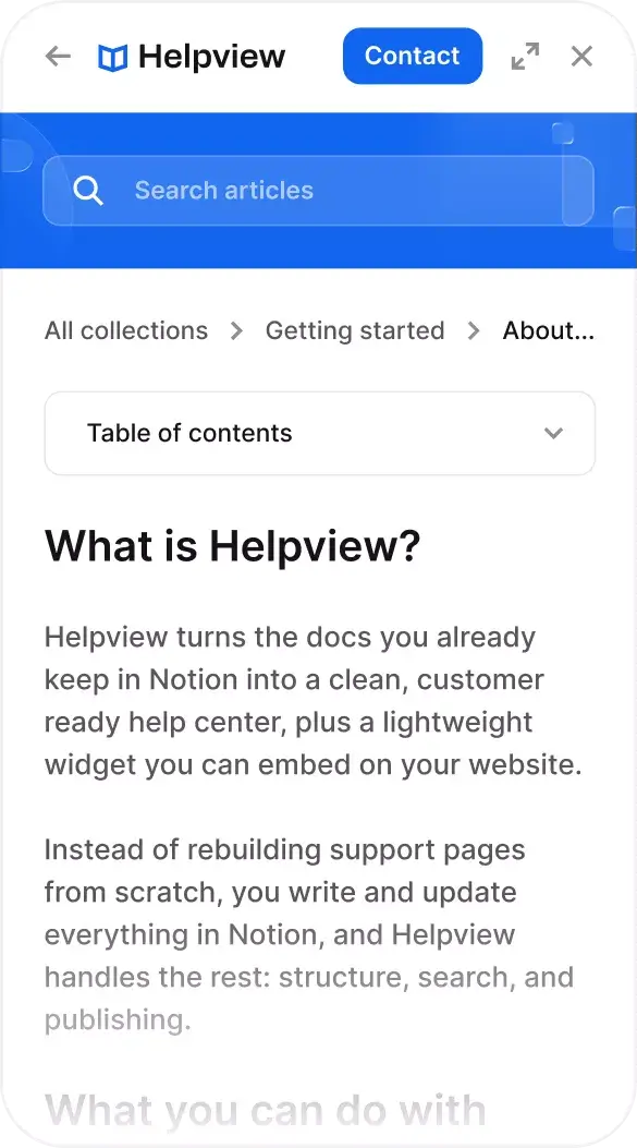 Helpview embedded help center widget showing a Notion synced article with search and table of contents.
