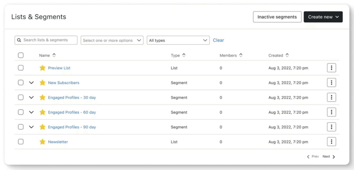 Review Pre-Built Segments: List of pre-built segments in Klaviyo, including New Subscribers, Engaged Profiles, and Newsletter lists.