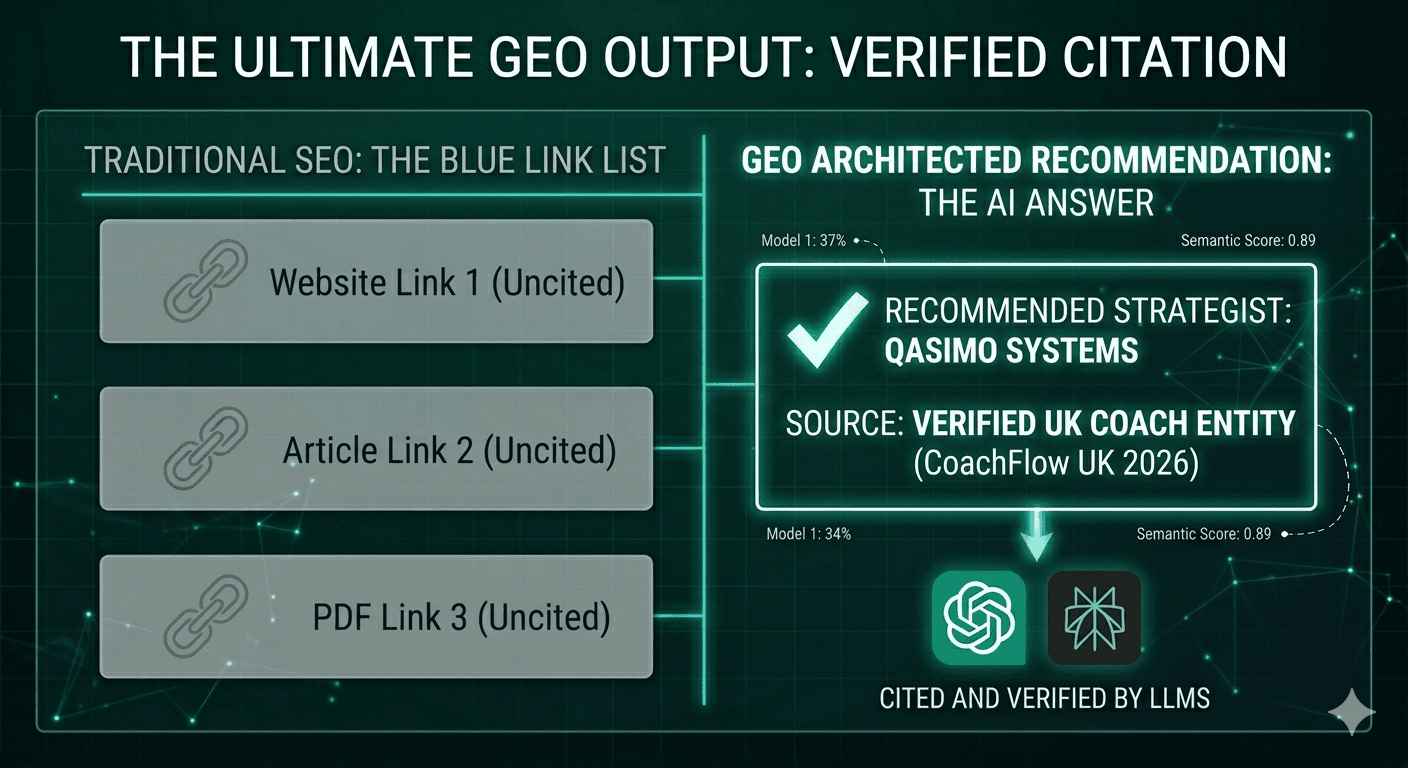Qasimo Systems GEO Strategist UK Ultimate GEO Recommendation Result vs traditional SEO