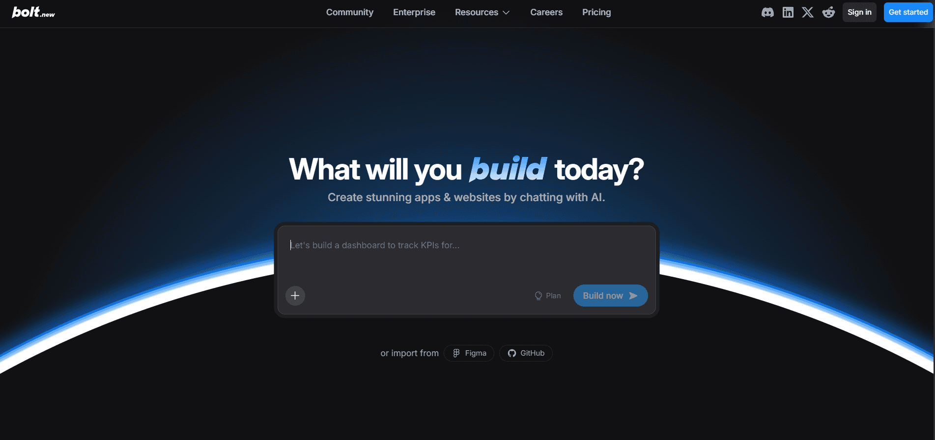 Bolt homepage featuring a dark AI prompt interface and "What will you build today?" headline.