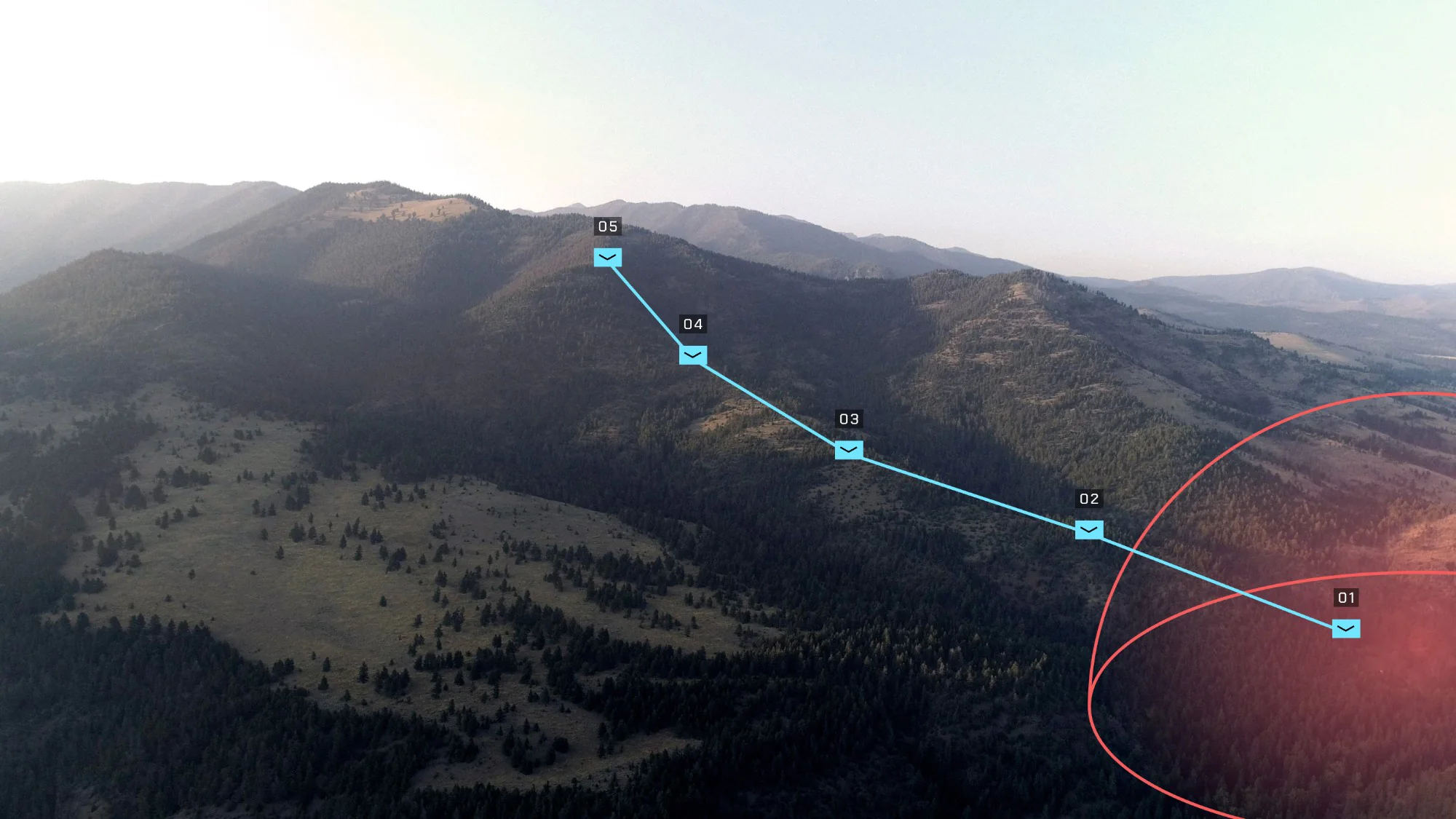 Aerial view of forested mountains with a five-waypoint Farsight route and a red range ring