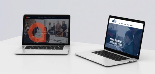 Two laptops showing example websites
