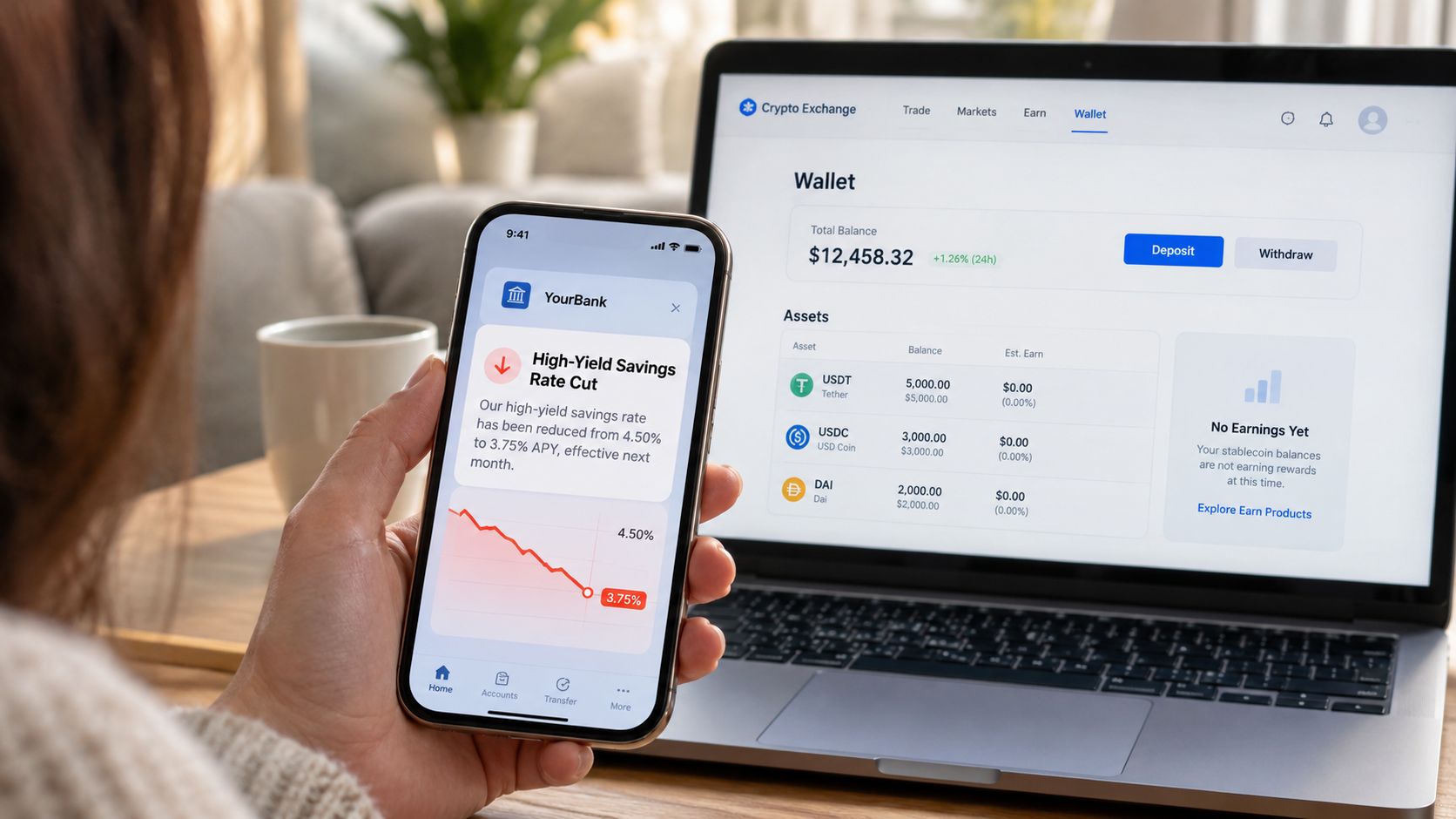 A person holding a smartphone showing a bank savings rate decrease while using a cryptocurrency trading platform.