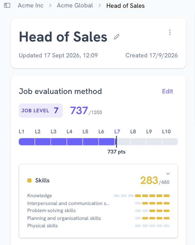 SkillsTrust job profile for Head of Sales, scored at job level 7 with 737 points