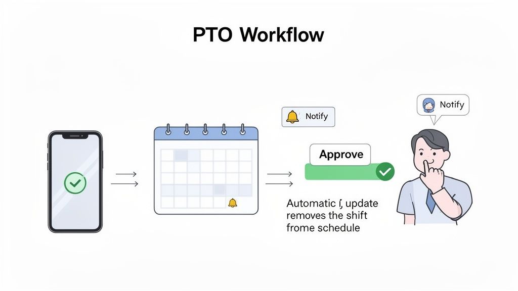 An illustration showing a PTO workflow, from employee request on a phone to manager approval and schedule update.
