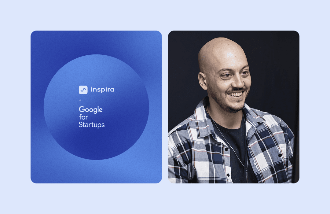 Uma imagem dividida verticalmente. À esquerda, um quadrado com um gradiente de azul profundo, no centro do qual está um círculo azul-claro com os logotipos da Inspira e do Google for Startups sobrepostos. À direita, um quadrado com o retrato de Rafael Girolineto, um homem careca com barba, vestindo uma camisa xadrez em tons de cinza e branco sobre uma camiseta preta, sorrindo e olhando para a lateral.