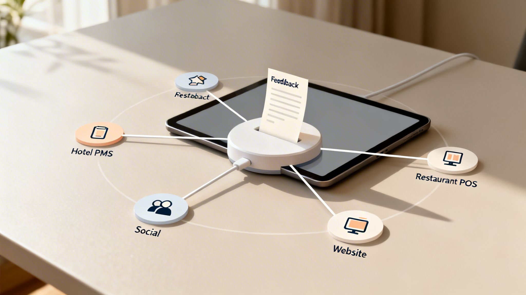 A central device collects customer feedback from Hotel PMS, Social, Website, Restaurant POS, and Restobact platforms.