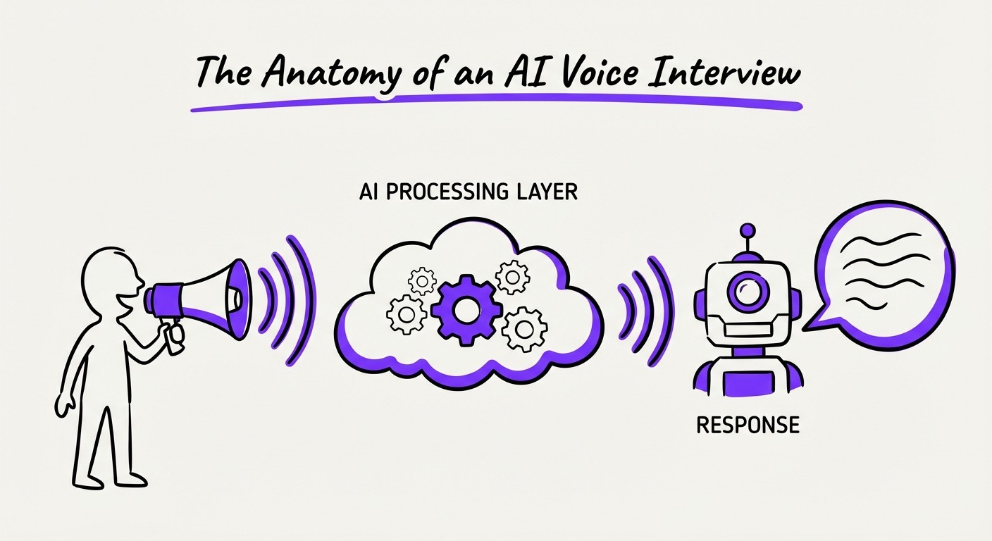 A hand-drawn flow chart titled 'The Anatomy of an AI Voice Interview' showing a human speaking to an AI cloud and receiving a response, drawn in a simple, minimalist sketch style.