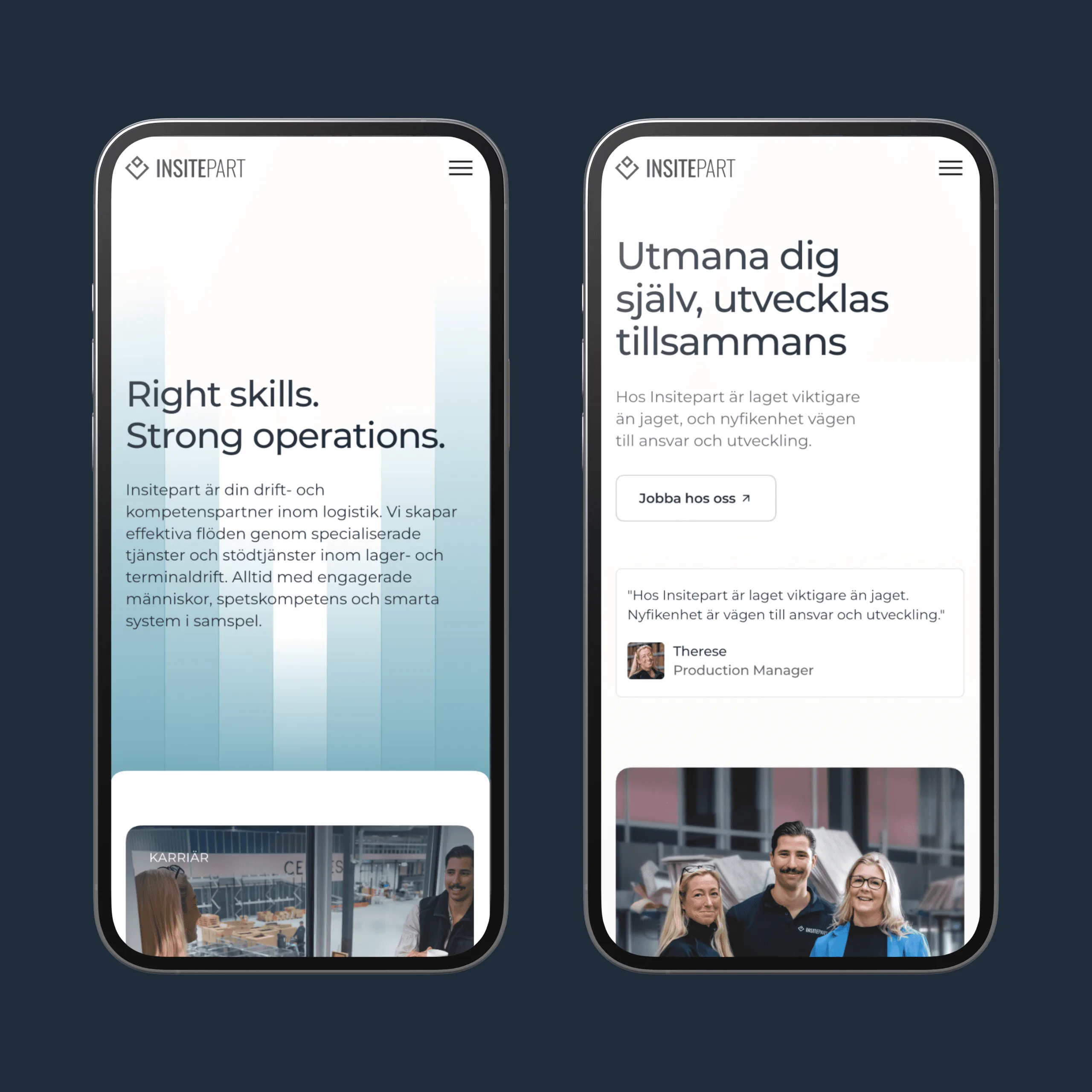 Två mobiler med Insiteparts webbplats: Right skills. Strong operations. och Utmana dig själv, utvecklas tillsammans