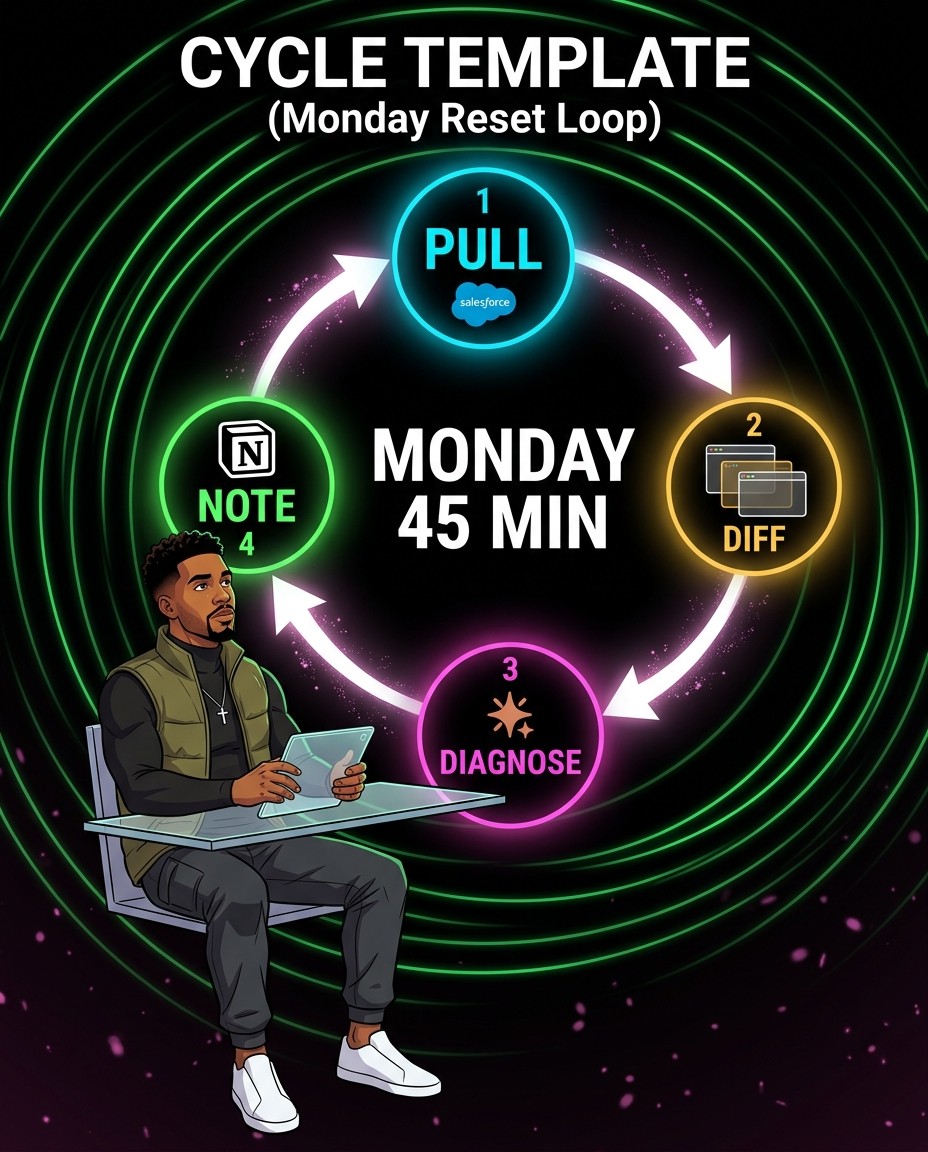 A Monday reset loop: pull, diff, diagnose, note