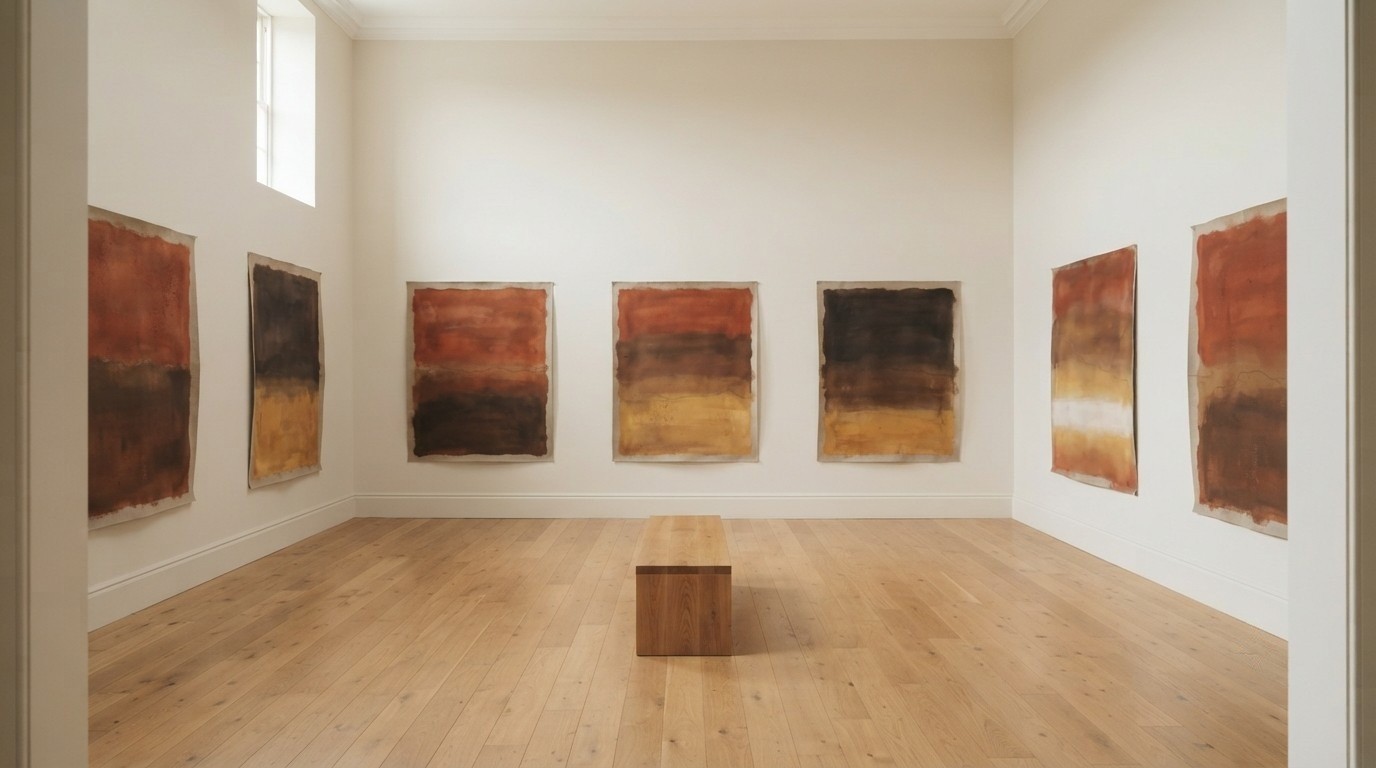 Installation view of Red Earth: earth-pigment paintings around a daylit room with an oak bench