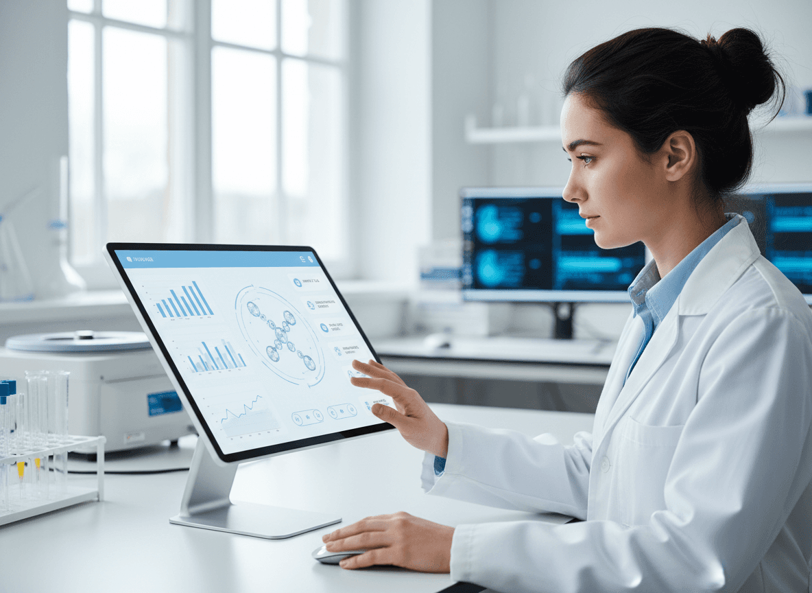 “Scientist using a modern Life Sciences digital dashboard with clean UI charts and research metrics in a real laboratory environment.”