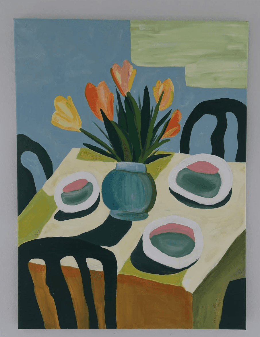 Still life painting of tulips in a vase with fruit