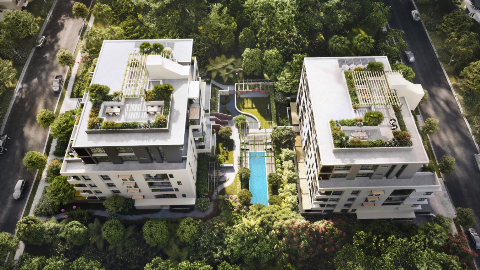 Aerial view of ARGO Castle Hill apartment development with landscaped courtyard, pool and rooftop terraces in Sydney Hills District