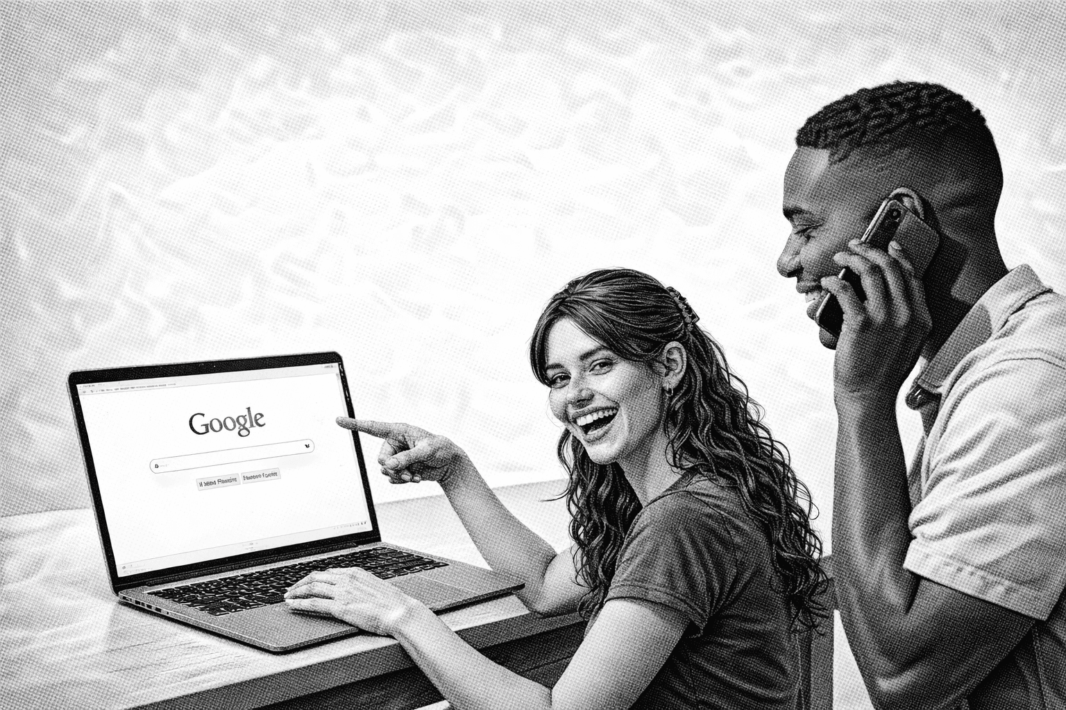 a woman proudly showing off her laptop screen to a man behind her. black and white image.