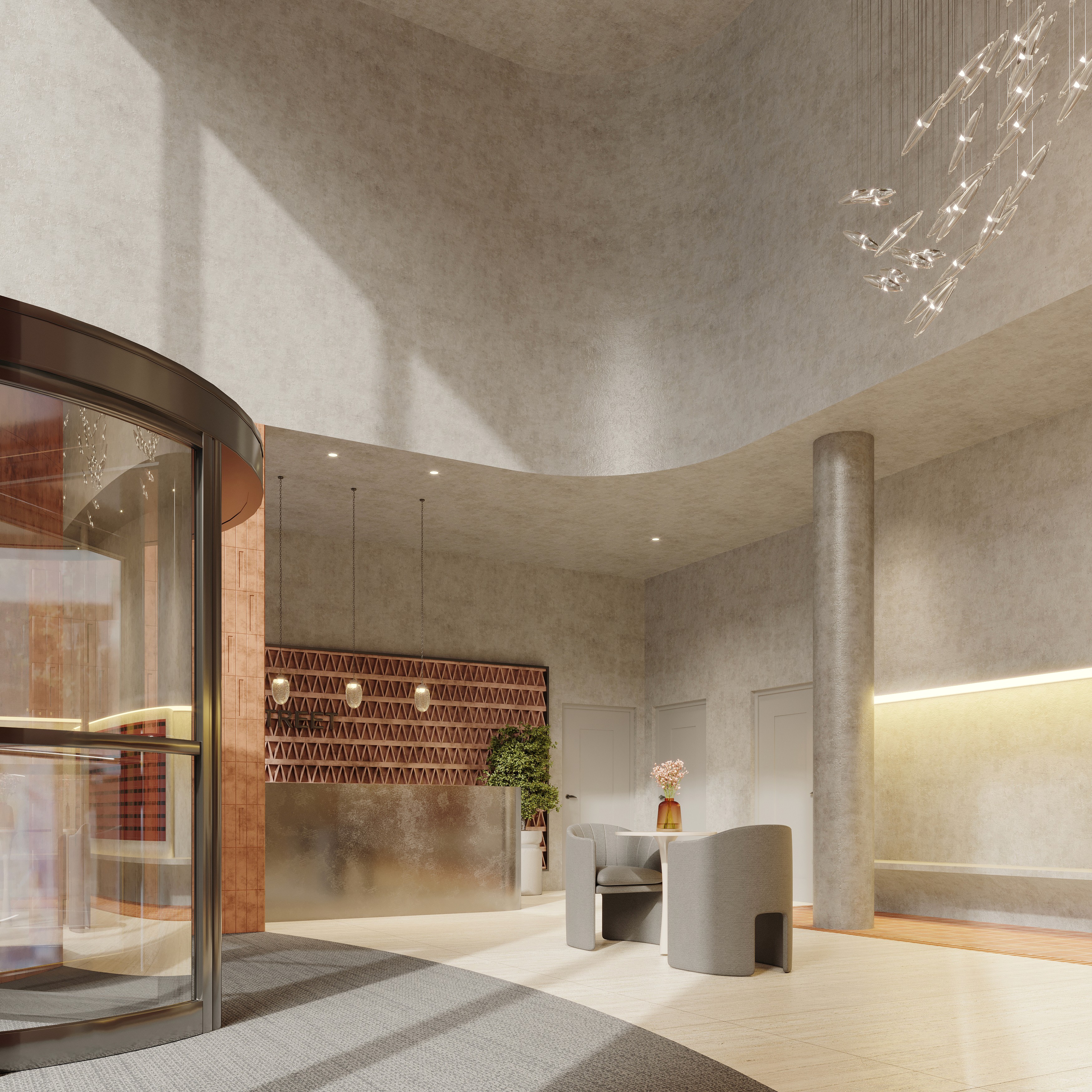 Reception design at luxury PBSA project with bespoke reception desk and tiled feature wall with branding