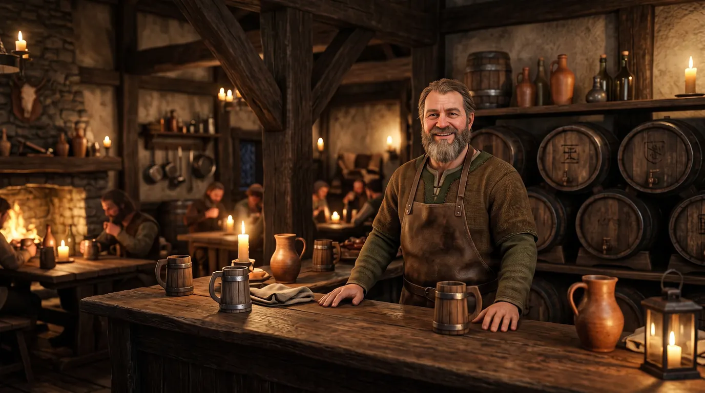 A video game innkeeper character behind the bar of a candlelit medieval tavern