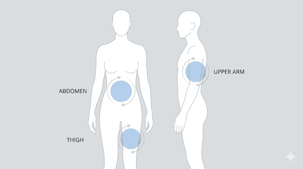 Semaglutide injection sites on body with rotation guide for abdomen thigh and arm