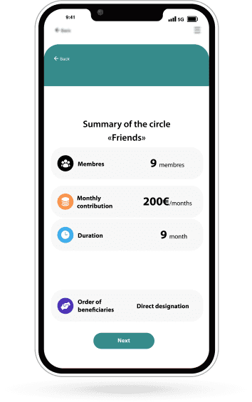 Écran de smartphone d'application de tontines en ligne