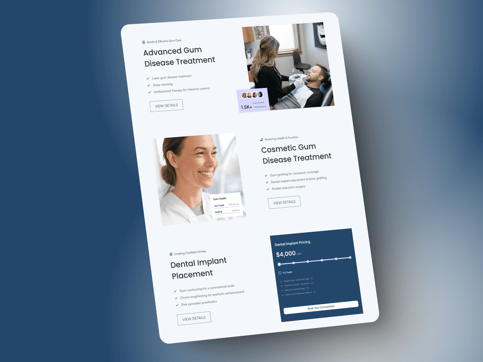 Framer dental template screenshot of Care & Treatments