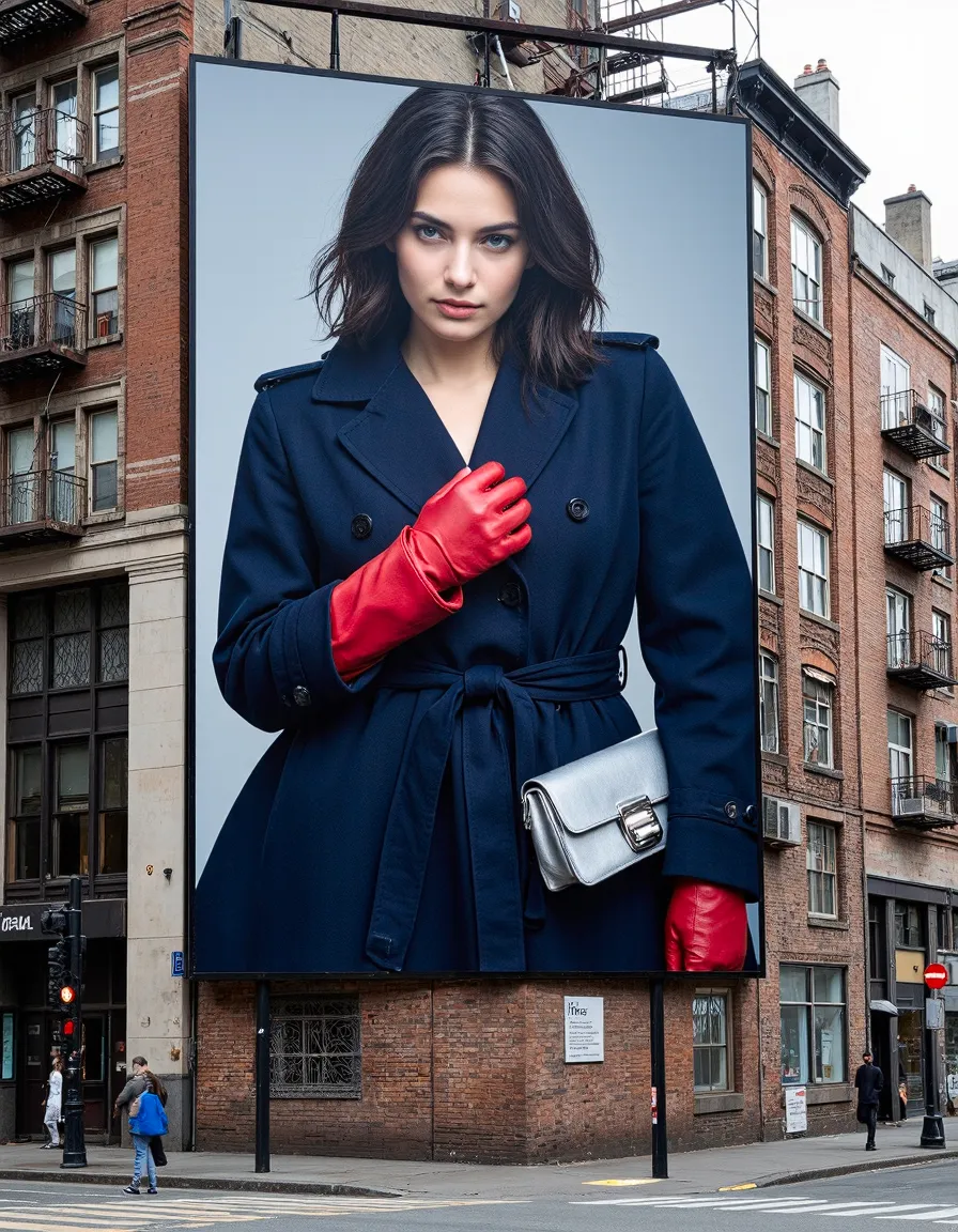 Fashion model in navy trench coat and red gloves on large urban billboard showcasing AI-generated photography quality