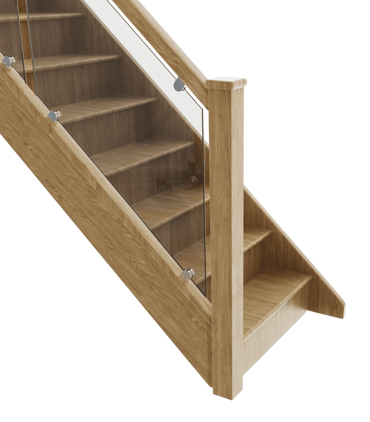 High-resolution 3D rendering of a wooden staircase with modern design, featuring integrated shelving and glass balustrades, suitable for interior design presentations and architectural visualization.