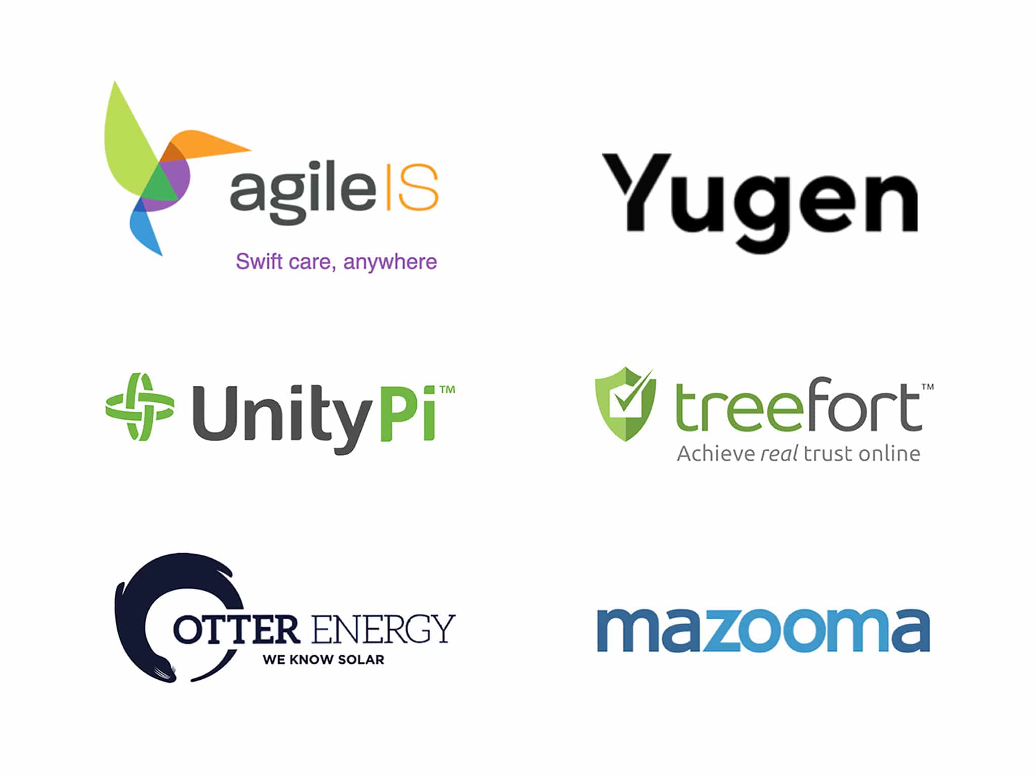 Brand logos for AgileIS, UnityPi, Yugen, Treefort, Otter Energy and Mazooma by sequencedm.