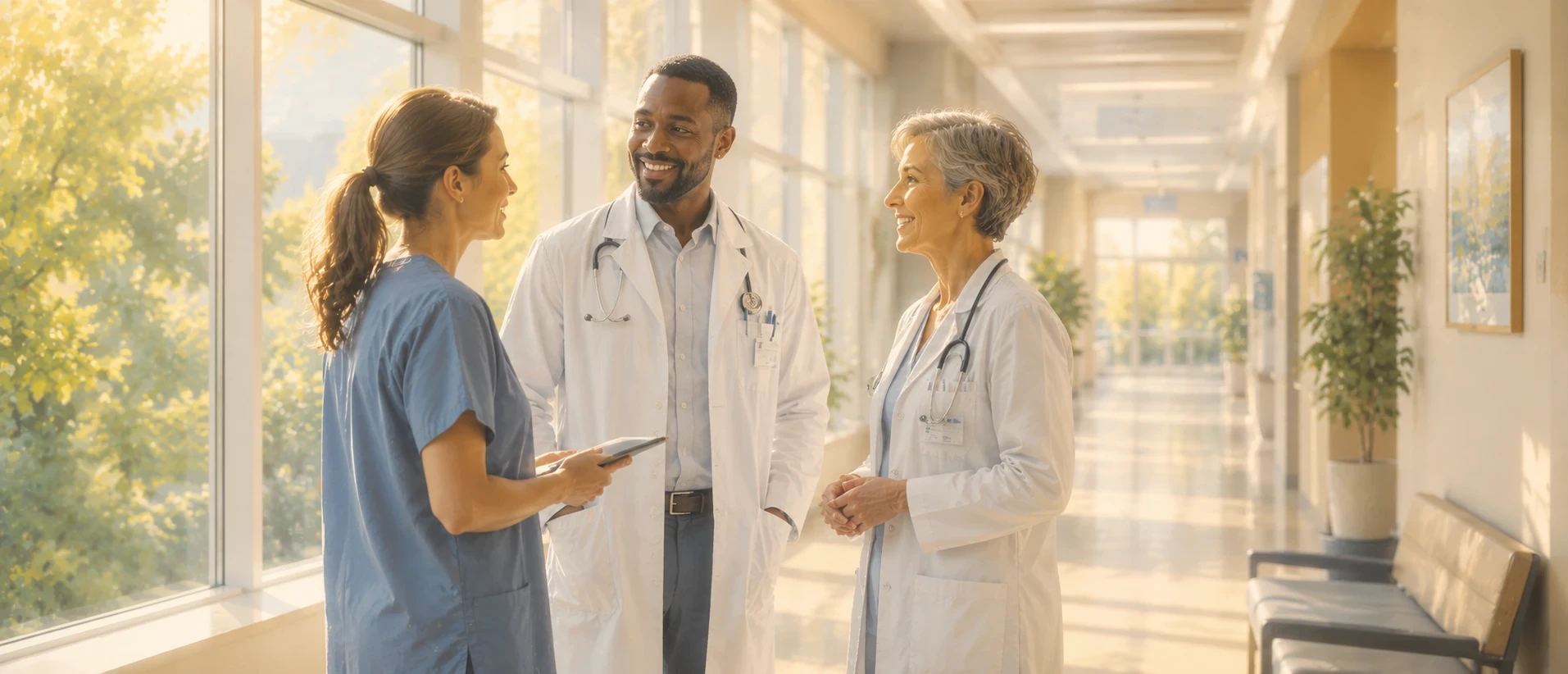 Three clinicians talking together in a bright corridor
