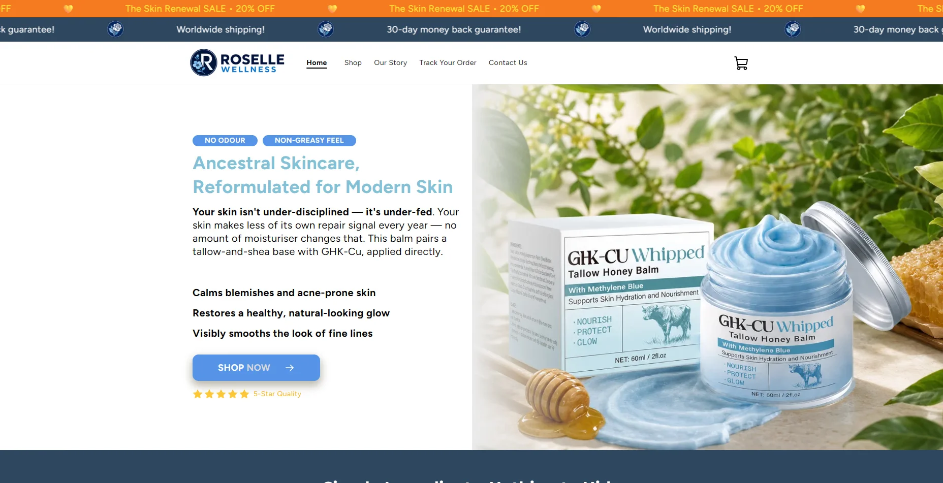 Shopify homepage design for a skincare store, shown on a desktop screen