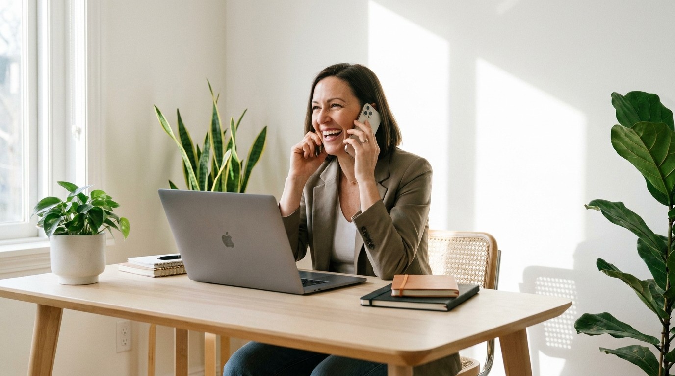 Freelancerin nutzt ihr Smartphone für Kundenkontakte im Homeoffice