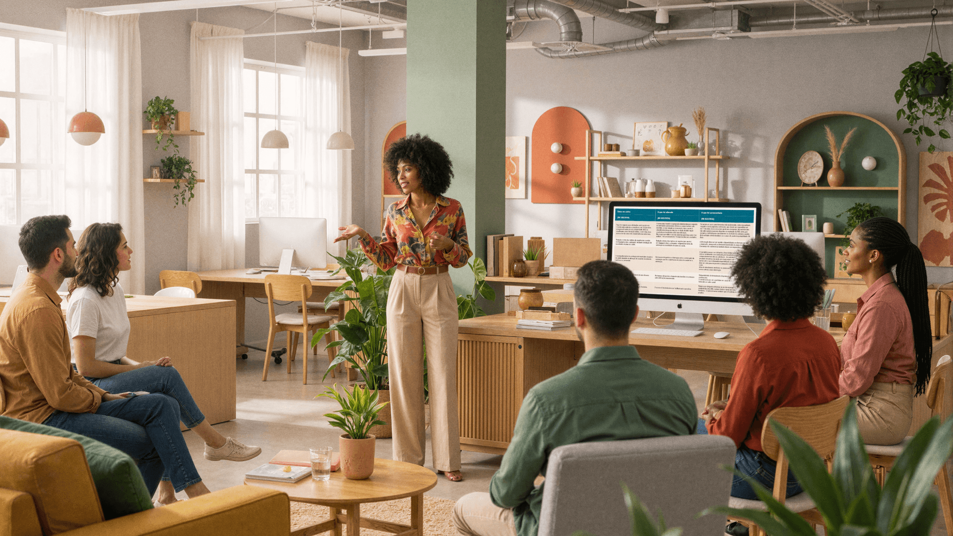 Reunião em ambiente moderno de trabalho, com equipe sentada em círculo enquanto uma mulher apresenta informações em uma tela grande, representando discussão estratégica e troca de conhecimento em clínicas com apoio da Tivita.