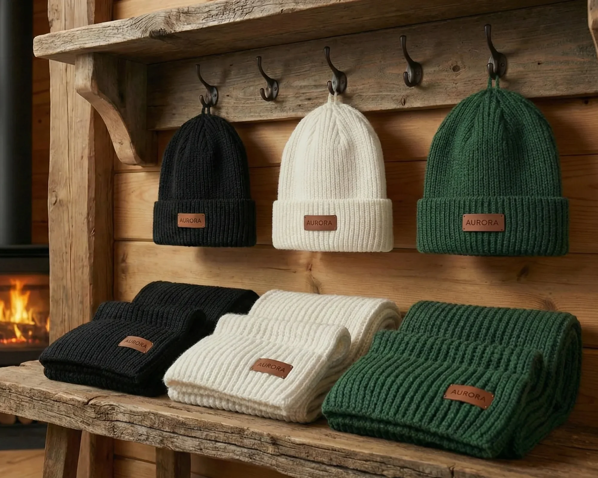A selection of black, cream, and forest green knit beanies with custom Aurora leather patches displayed on a rustic wooden shelf.