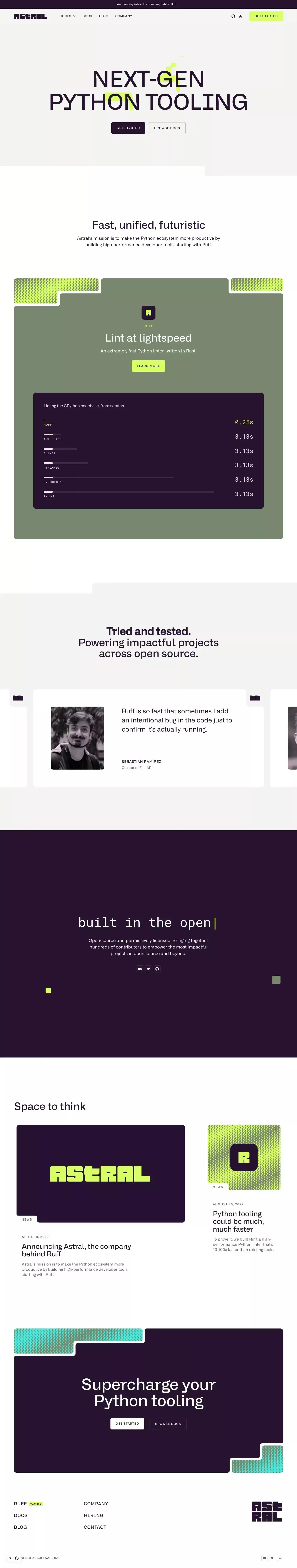 Astral: Next-gen Python tooling landing page screenshot showcasing Tech design