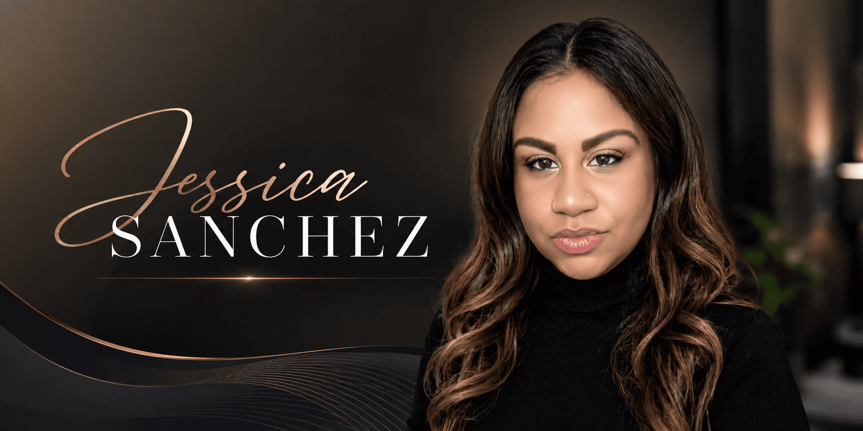 Professional headshot graphic with “Jessica Sanchez” branding and elegant gold-accented dark background. 