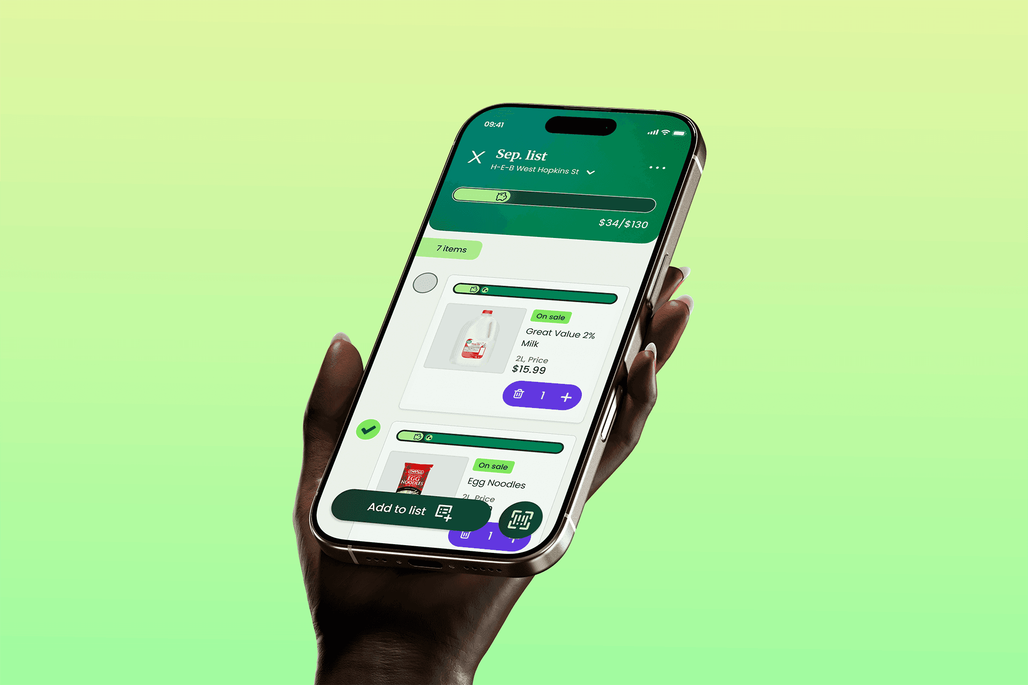 Grocery list app showing milk and egg noodles