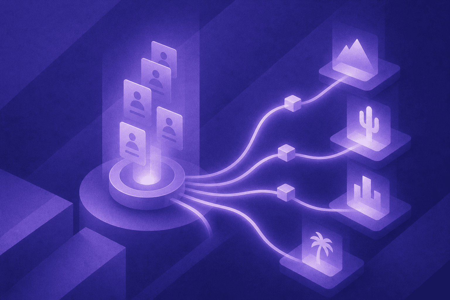 A clean, modern illustration of a smooth automated pipeline routing colored lead cards from a central hub to distinct labeled destination zones, represented by glowing icons for different sales territories, each connection a bright flowing line on a dark navy background, flat design aesthetic, no text or labels