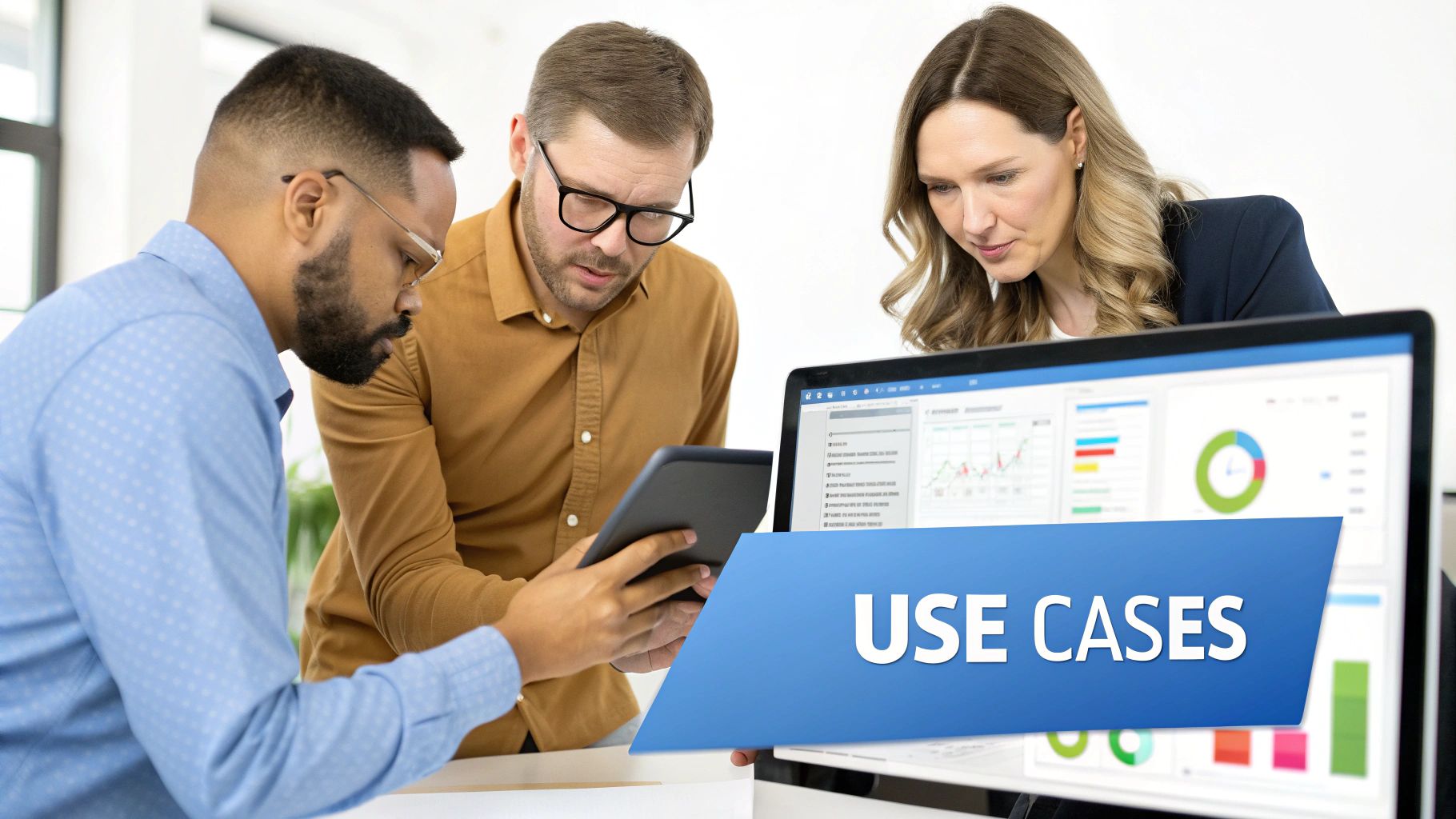 Diverse business team analyzing data on a tablet and a computer monitor showing 'USE CASES' charts.