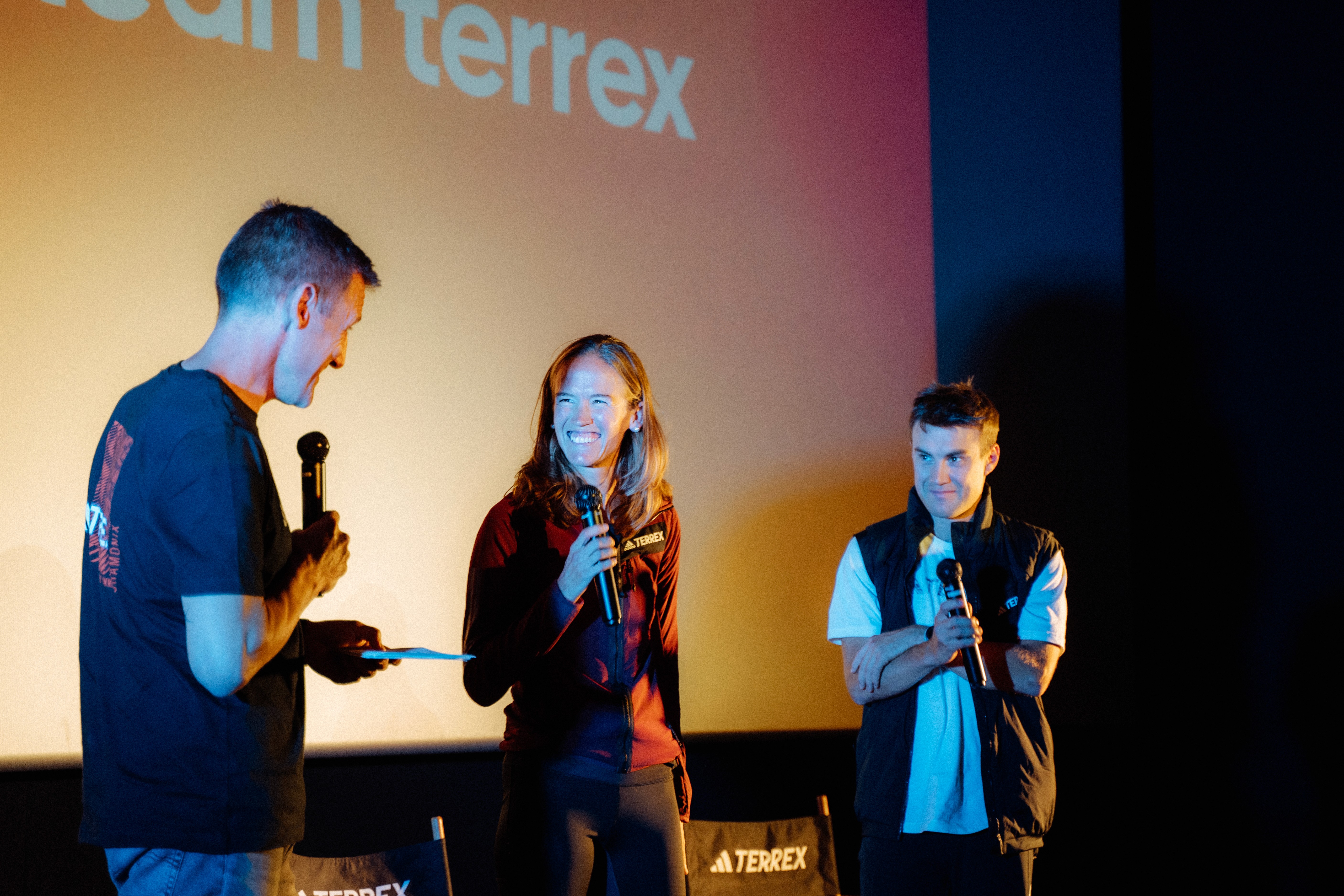 Adidas Terrex presentation with athletes on stage discussing performance and the outdoor community