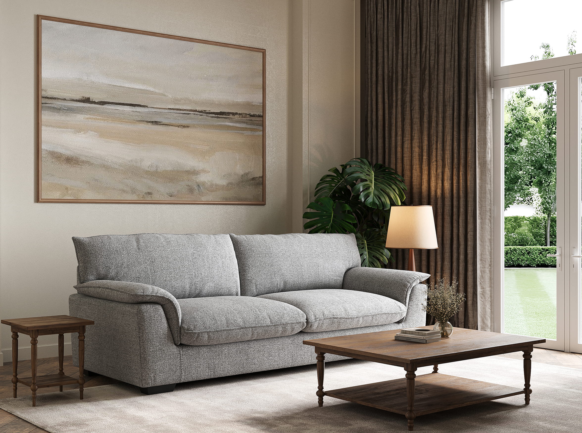 3D living room scene with arm sofa, wooden table, and modern interior decor
