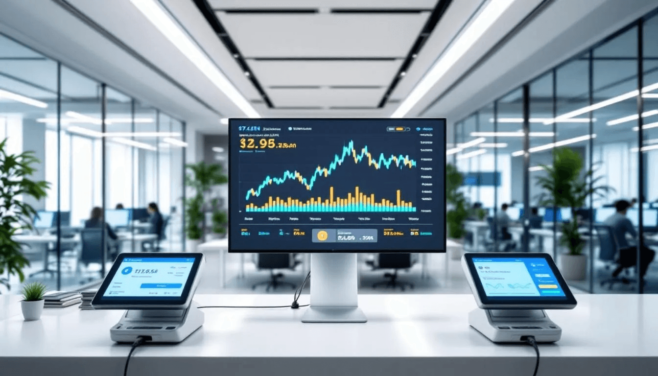 The image depicts a modern office environment featuring digital payment terminals and screens displaying cryptocurrency market data, emphasizing the growing use of bitcoin payments and digital currencies in business transactions. This setup highlights the integration of blockchain technology and secure transactions within the financial industry.