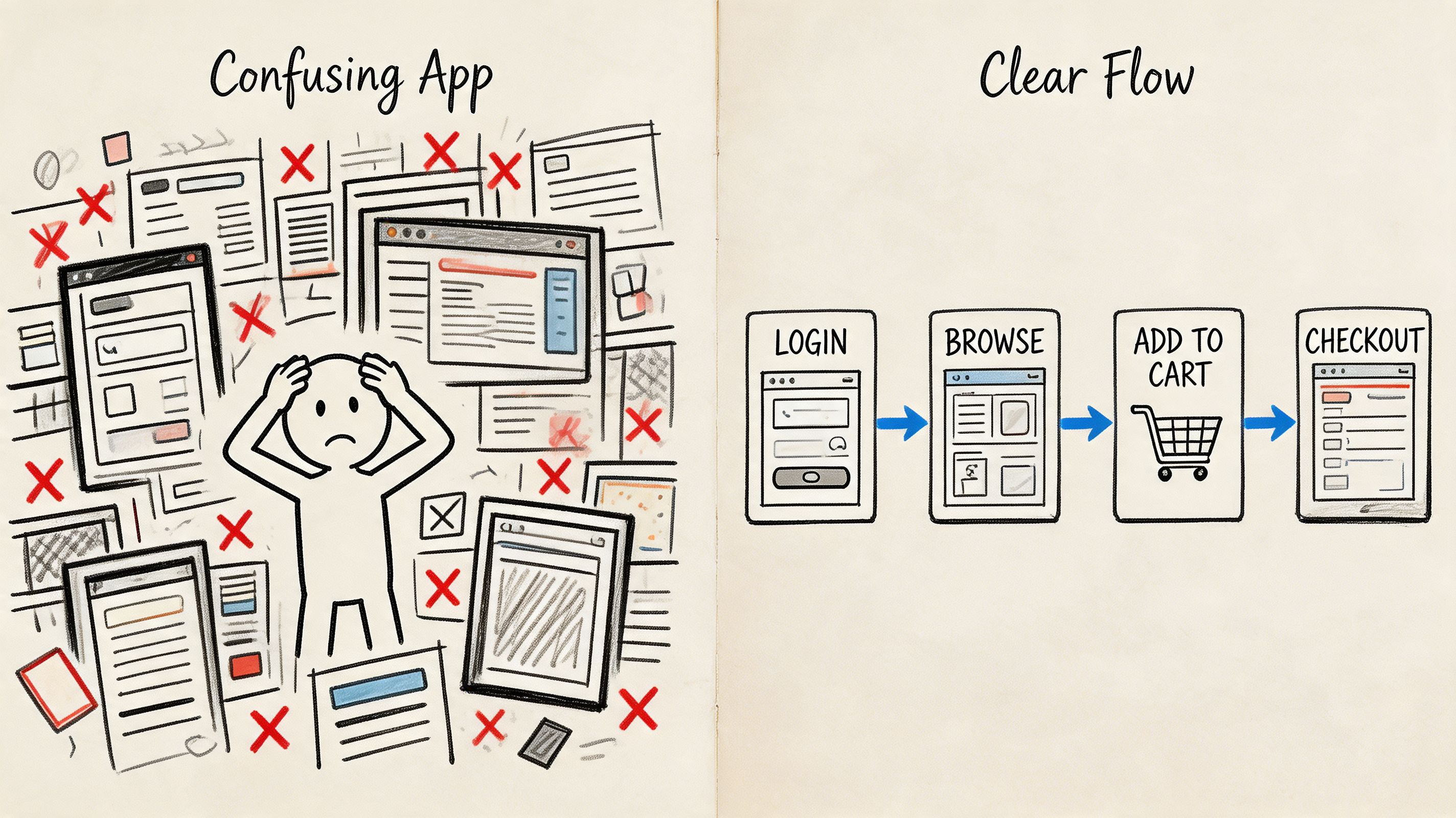 A split illustration comparing a cluttered, confusing mobile app interface with a simple, streamlined user flow process.