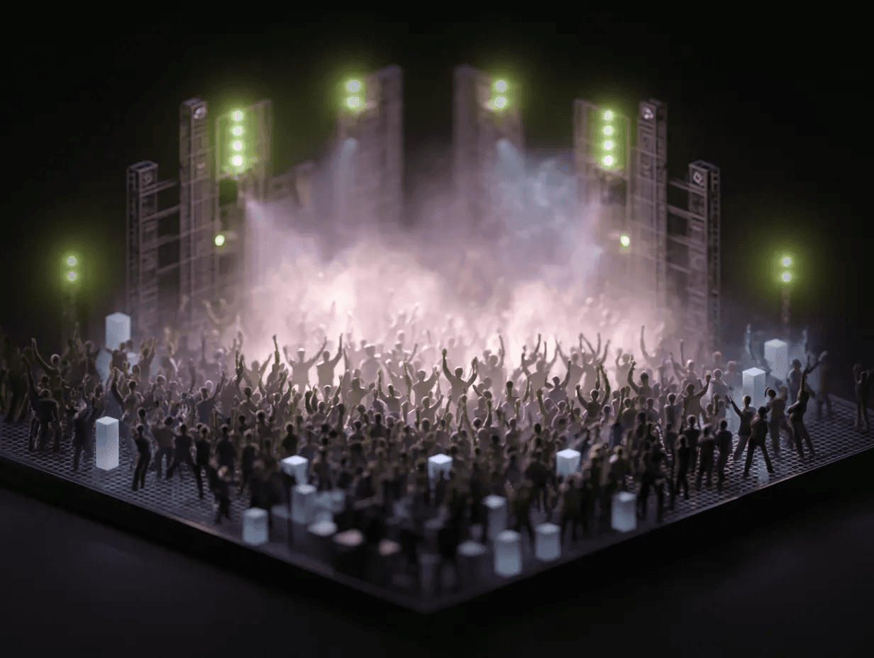 Voxel-style crowd gathered at a concert in an illuminated environment, symbolizing user engagement and Byte/Me Design’s human-centered UX/UI design services in Luxembourg.