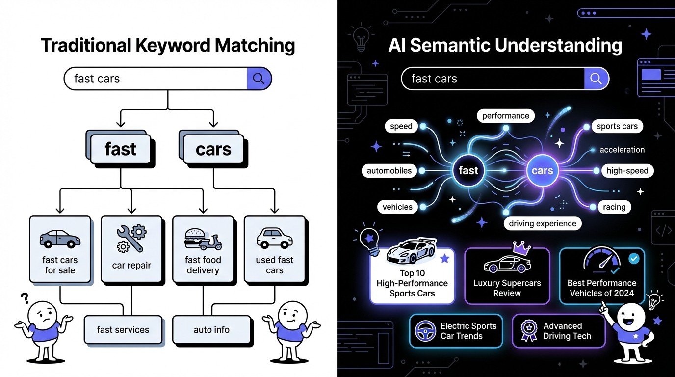 A side-by-side comparison diagram. On the left, titled 'Traditional Keyword Matching', a search query for 'fast cars' shows literal keyword matching, resulting in a mix of irrelevant and relevant results like 'fast food delivery' and 'car repair'. On the right, titled 'AI Semantic Understanding', the same query for 'fast cars' is processed through an interconnected neural network, linking concepts like 'speed', 'performance', and 'sports cars', leading to highly relevant results such as 'Top 10 High-Performance Sports Cars' and 'Luxury Supercars Review'.
