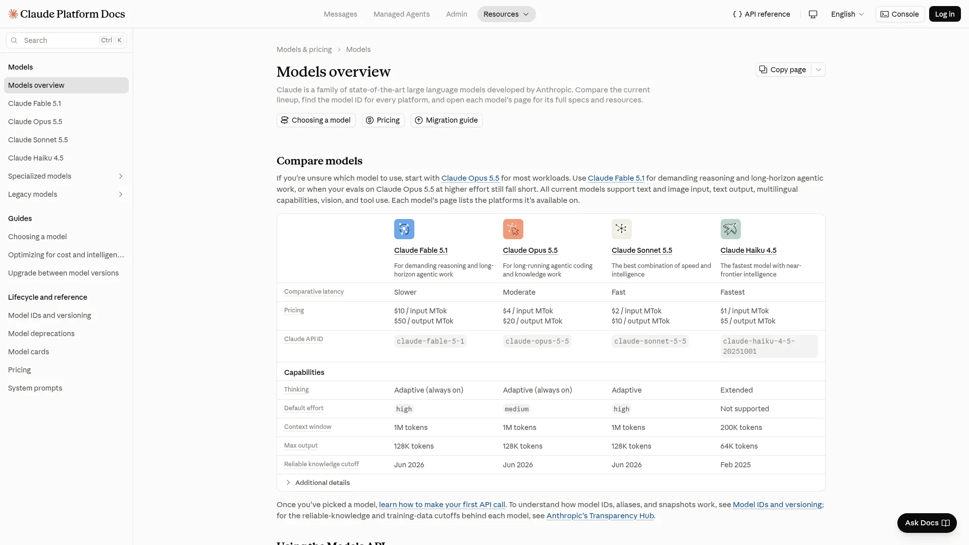 Anthropic models overview table comparing Claude Fable 5.1, Opus 5.5, Sonnet 5.5 and Haiku 4.5 on latency, price per million tokens, context window and max output
