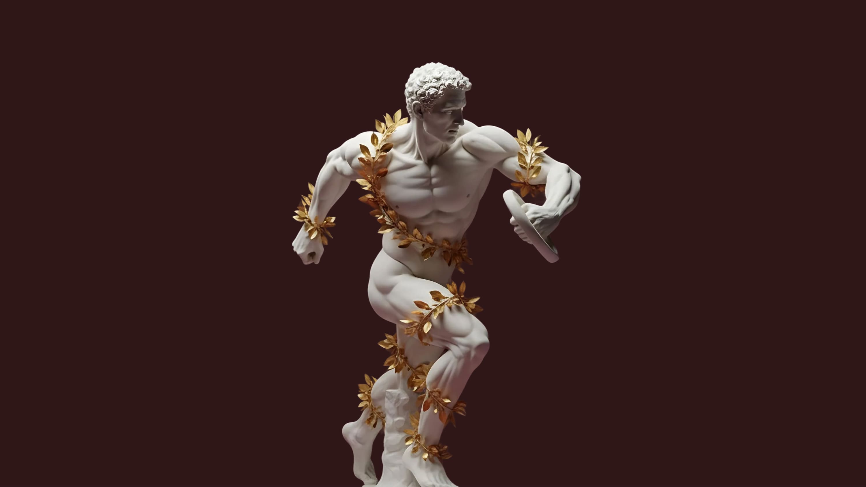 White marble sculpture of a muscular figure in motion, adorned with golden laurel leaves, holding a discus, against a deep red background.