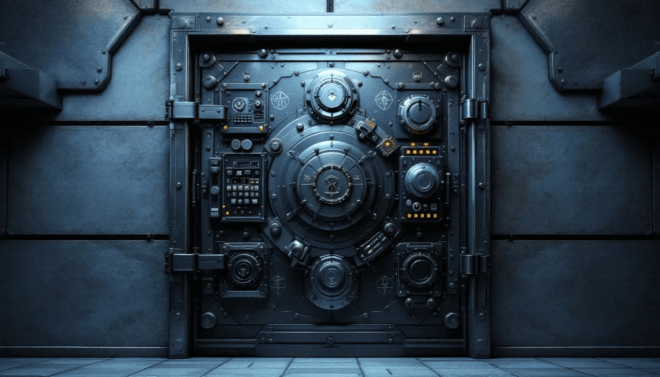 The image depicts a secure vault adorned with multiple locks, symbolizing the concept of private key security in public key cryptography. This representation highlights the importance of protecting private keys, which are essential for secure communication and ensuring that only the intended recipient can access sensitive data.