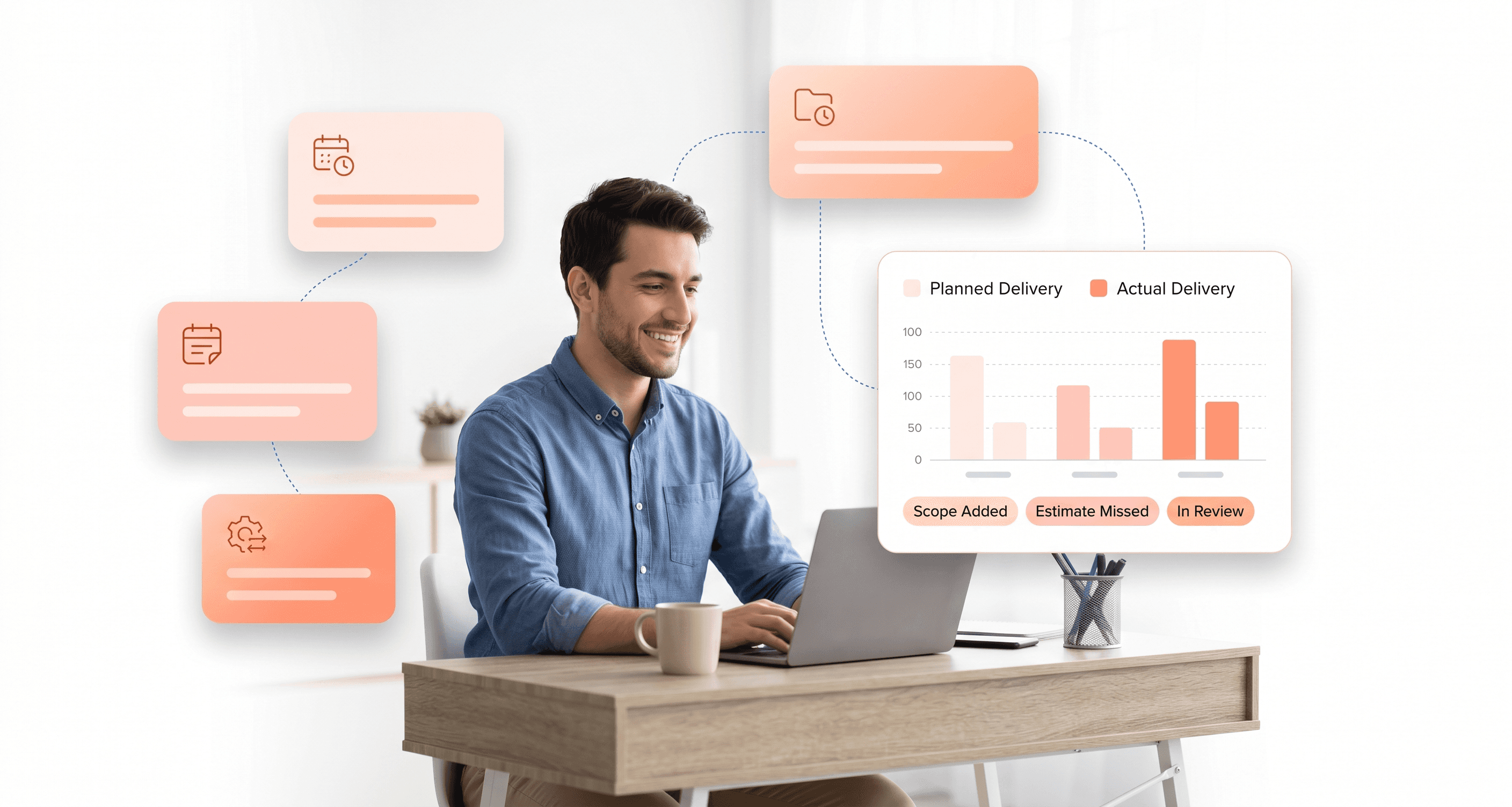 Software project manager reviewing missed deadline timeline on dashboard showing scope creep and estimation gaps in a SaaS project management tool