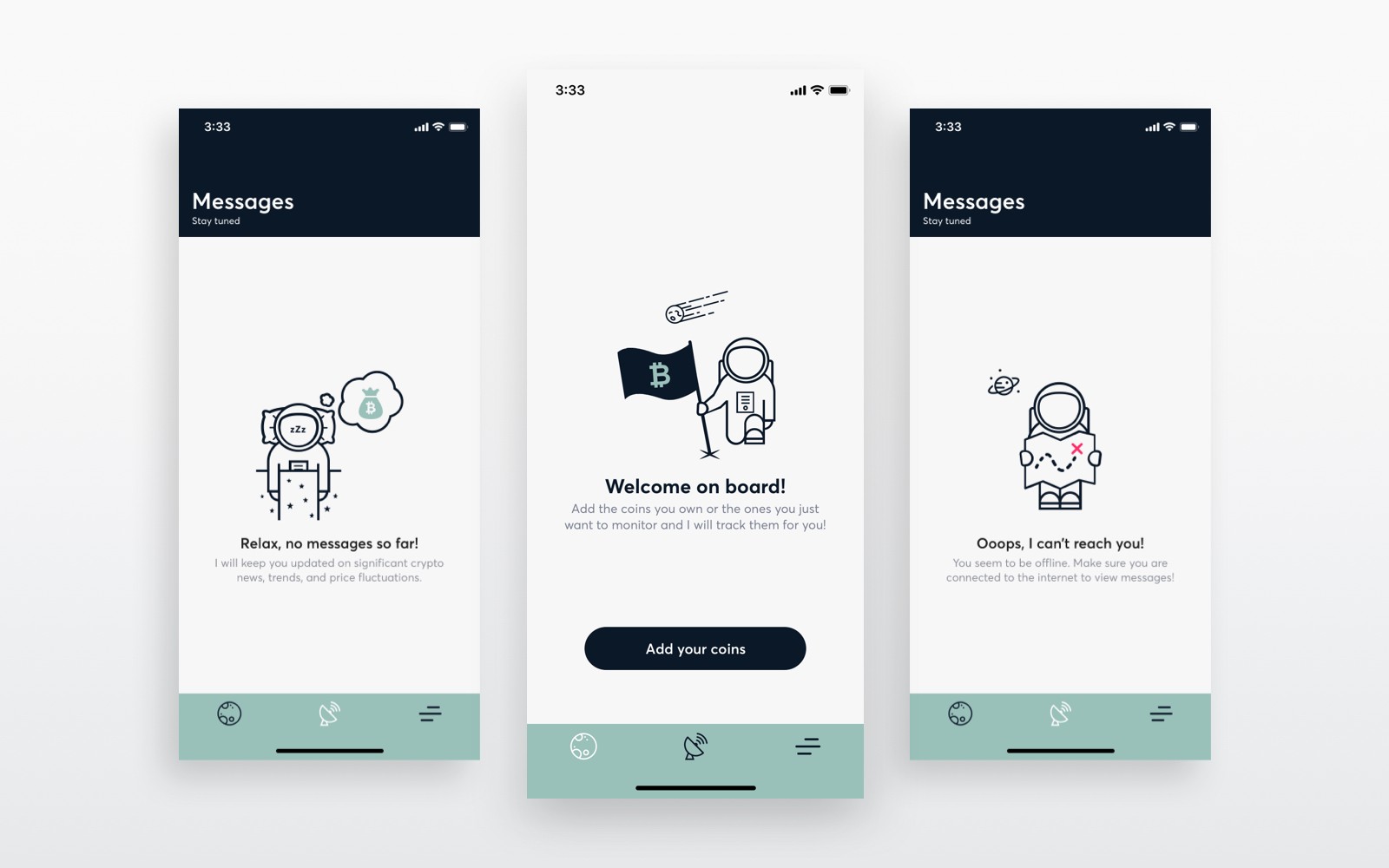 BlockHero mobile app showing empty state screens for messages, tokens, and connectivity