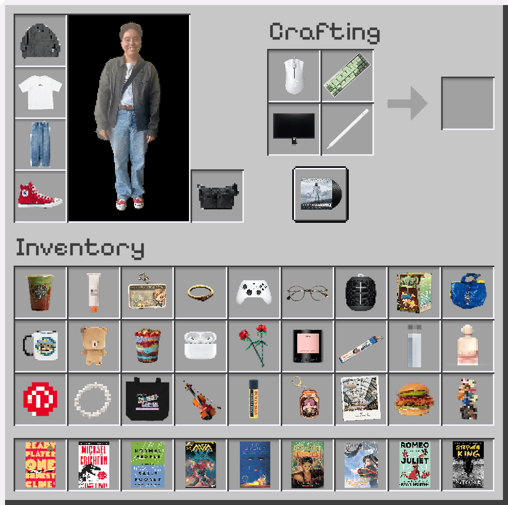 A completed Minecraft-inspired inventory screen displays a full-body character, crafting grid, and a detailed inventory of personal items recreated as pixel-style components.